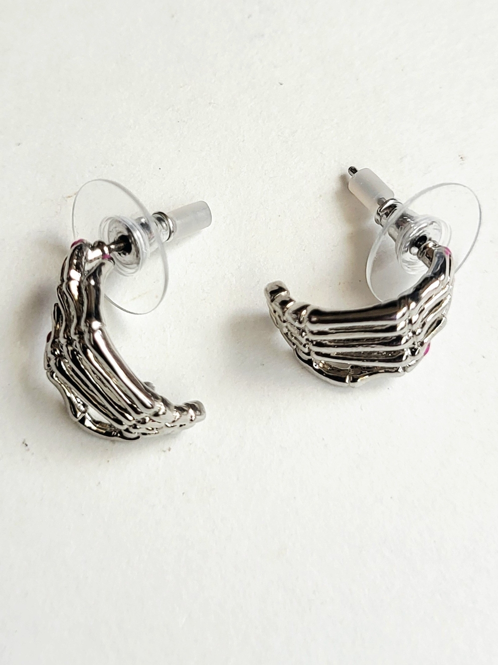 Betsey Johnson Silver Skeleton Hand Huggie Hoop Earrings - Picture 4 of 5